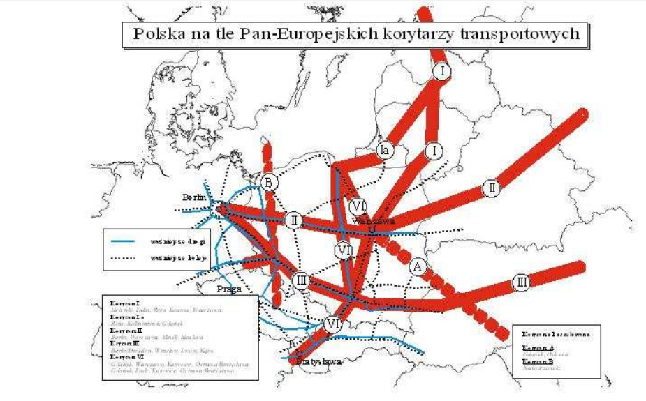 Oto mapka europejskich korytarzy transportowych (1994r.) z dobrze uwidocznioną odnogą Via Baltica czyli I paneuropejskiego korytarza transportowego przez Obwód Kaliningradzki. Teraz