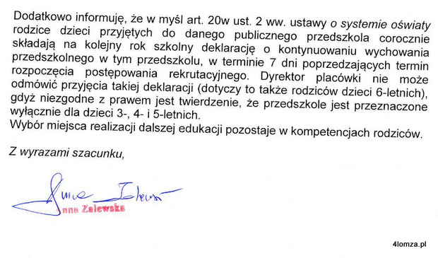 Fragment listu minister edukacji Anny Zalewskiej do prezydentów miast, burmistrzów i wójtów w sprawie 6-latków