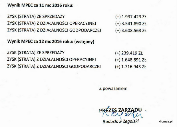 Wyniki finansowe MPEC Łomża po listopadzie i grudniu 2016 roku