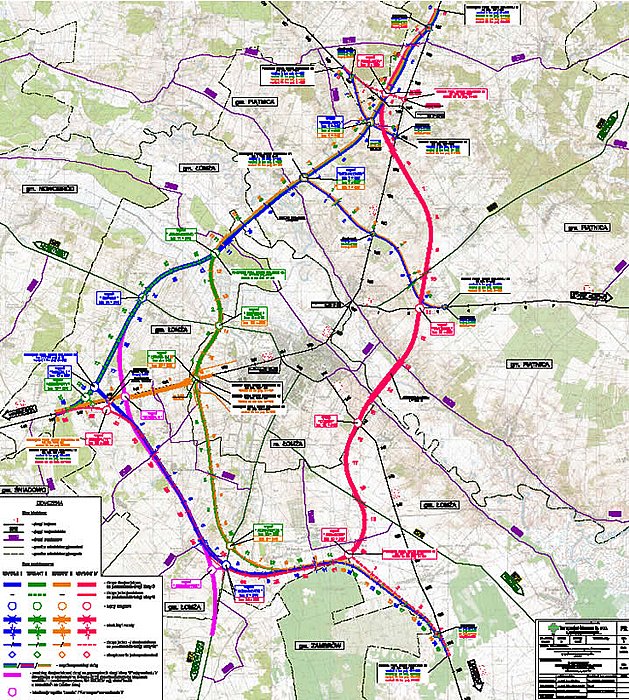 Mapa z naniesionymi wariantami obwodnic Łomży. Kolorem fioletowym dorysowano jak mogłaby wyglądać obwodnica po uwzględnieniu Via Baltica. (zobacz też załącznik do tej informacji)