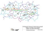 Przebieg trasy linii napowietrznej 400 kV Narew – Ostrołęka. Przebiegi wariantów A, B (rekomendowany przez inwestora) i C na mapie z naniesionymi granicami gmin