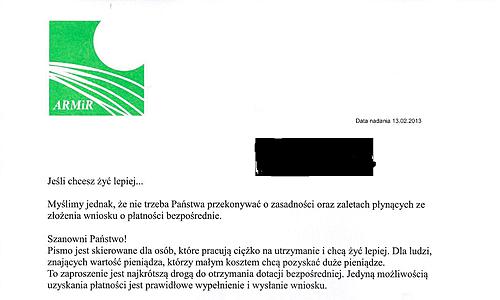 Fragment pisma jakie otrzymało wielu rolników w całej Polsce. (źródło: ARiMR)