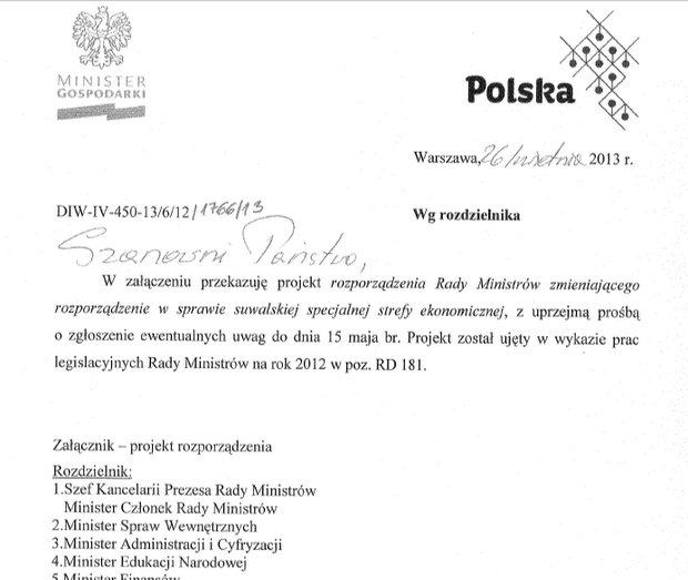 pismo przewodnie wiceministra gospodarki Jerzego Pietrewicza