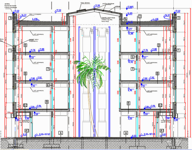 Na przedstawionych rysunkach technicznych biurowca (Inkubator Przedsiębiorczości PPŁ) wyraźnie widać, że w holu głównym wyrosnąć ma pokaźnych rozmiarów palma