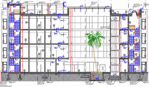 Na przedstawionych rysunkach technicznych nowego biurowca wyraźnie widać, że w holu głównym wyrosnąć ma pokaźnych rozmiarów palma