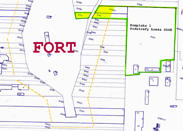 Na żółto zaznaczona strefa ochrony konserwatorskiej z zakazem zabudowy wokół Fortu