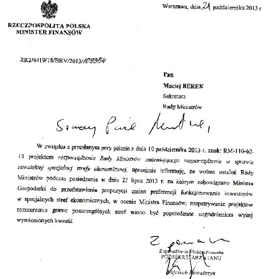 Stanowisko Ministerstwa Finansów, które wstrzymało decyzję rządu o poszerzeniu Suwalskiej SSE o Łomżę.