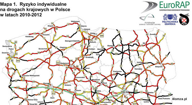 Mapa ryzyka indywidualnego na drogach krajowych w latach 2010-2012