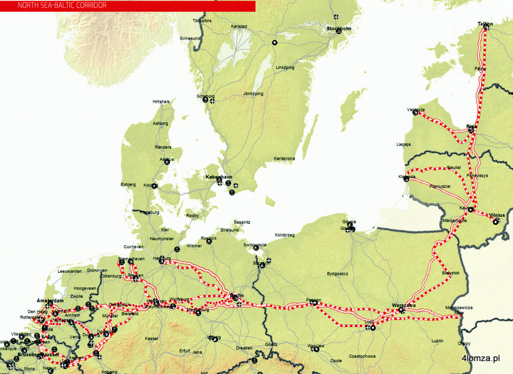 Korytarz sieci bazowej TEN-T Morze Północne – Bałtyk. 
Biła linia w oznacza sieć drogową, a biało-czerwona kolejową.