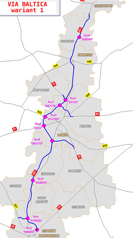 Tak ma przebiegać Via Baltica od Ostrowi Mazowieckiej po Szczuczyn. Już wiadomo, że ta droga nie będzie budowana za pieniądze z programu Connecting Europe Facility („Łącząc Europę”)