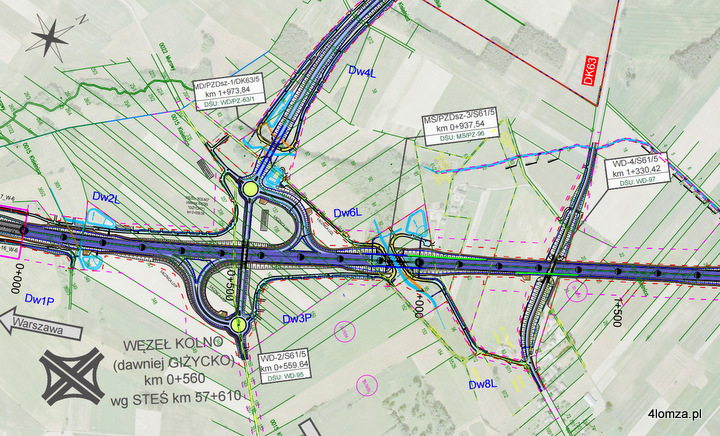 Planowany węzeł Kolno w ciągu drogi ekspresowej S61 (Kisielnica, okolice skrzyżowania dzisiejszych dróg krajowych nr 61 i 63)