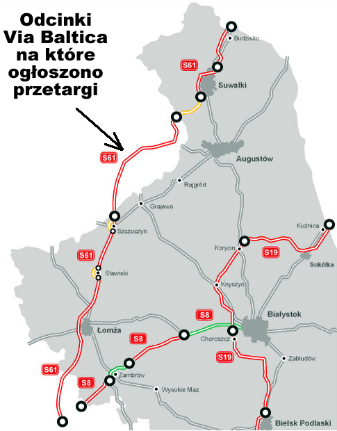 Via Baltica - czyli droga ekspresowa S61 z zaznaczonym fragmentem, którego dotyczą przetargi ogłoszone przez olsztyński oddział GDDKiA