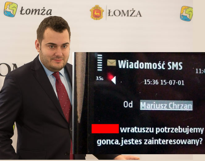 Mariusz Chrzanowski prezydent Łomży, a obok SMS jaki wysłał do swojego znajomego