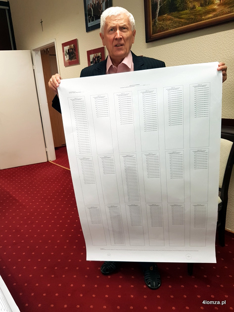 Jerzy Antoni Dołęgowski, dyrektor łomżyńskiej Delegatury Krajowego Biura Wyborczego pokazuje jak może wyglądać karta 