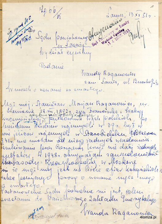 Pismo Wandy Raganowicz do Sądu Powiatowego w Łomży z listopada 1951 roku, o uznanie za zmarłego jej męża Stanisława Mariana Raganowicza. Dokument z Archiwum Państwowego w Białymstoku Oddział w Łomży.