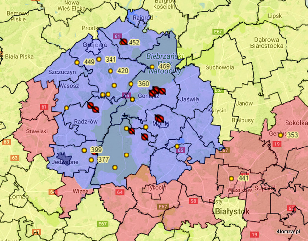 Fragment mapy ognisk i przypadków ASF w Polsce za 2017 rok oraz aktualny zasięg obszarów objętych restrykcjami w związku z występowaniem wirusa w regionie. (źródło: wetgiw.gov.pl)