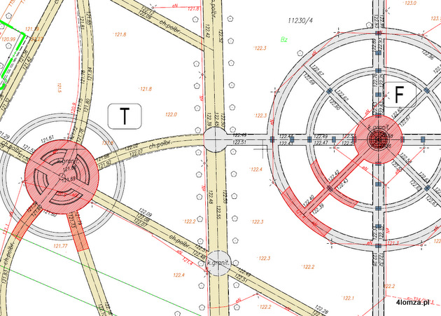 Czerwonym kolorem zaznaczono budowle do rozbiórki. W środku kręgów po prawej stronie ma być fontanna, koło po lewej stronie zastąpi tężnia.