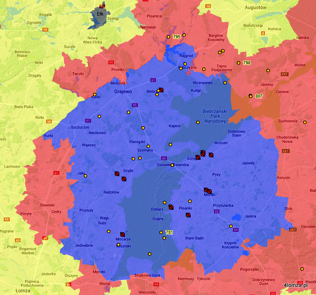 Mapa regionu z zaznaczonymi miejscami w których stwierdzonymi przypadki występowania wirusa ASF u świń domowych (czerwona duża kropka) i u dzików (żółta mała kropka)