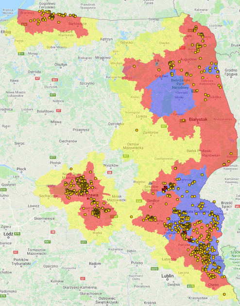 Żółte kropki oznaczają kolejne w tym roku wykryte przypadki ASF u dzików w Polsce. Na tej mapie jest już ich ponad 900. (źródło: Główny Lekarz Weterynarii)