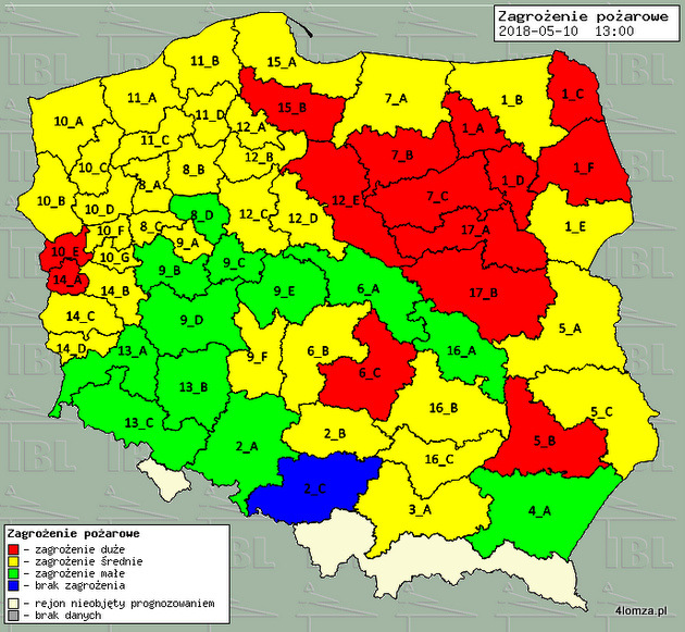 Mapa zagrożenia pożarowego w lasach Polski (10.05.2018, godz. 13.00, Lasy Państwowe)