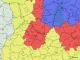 gminy w regionie objęte strefami ASF: żółta - obszar ochronny (Protection area), czerwona - obszar objęty ograniczeniami (Restricted area), niebieska - obszar zagrożenia (Hazard area).