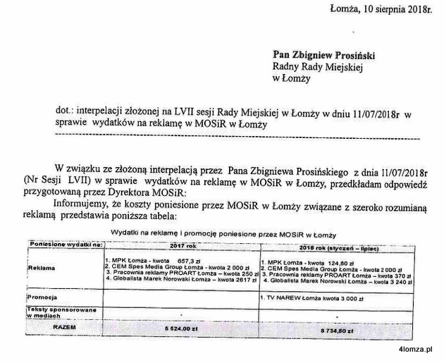 Odpowiedź na interpelację radnego Zbigniewa Prosińskiego odnośnie wydatków na reklamę i promocję MOSiR