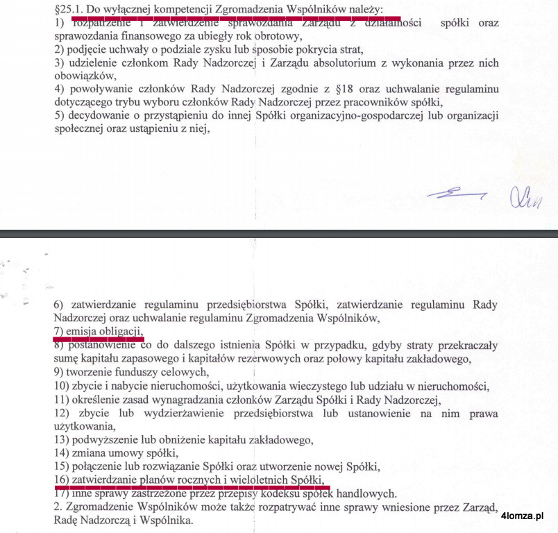 Fragment aktu założycielskiego MPWiK określający wyłączne kompetencje Zgromadzenia Wspólników, czyli prezydenta Łomży