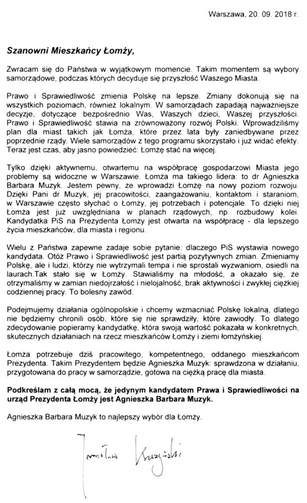 List Jarosława Kaczyńskiego do mieszkańców Łomży