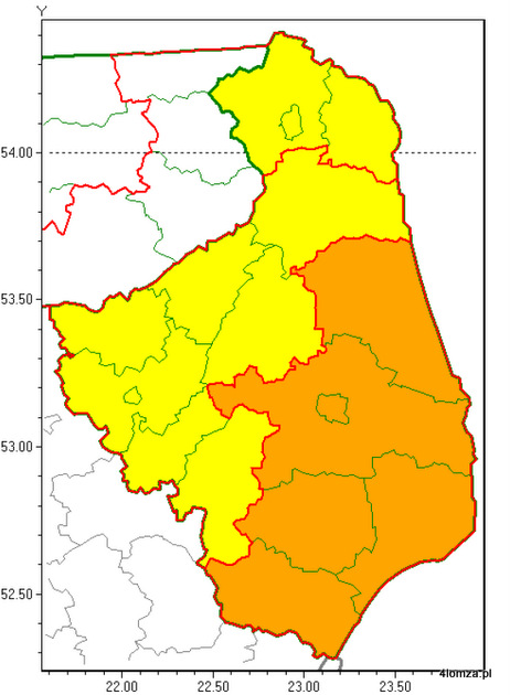 Ostrzeżenie przed burzami z gradem dla województwa podlaskiego. Żółty kolor oznacza zagrożenie pierwszego, a pomarańczowy drugiego stopnia.