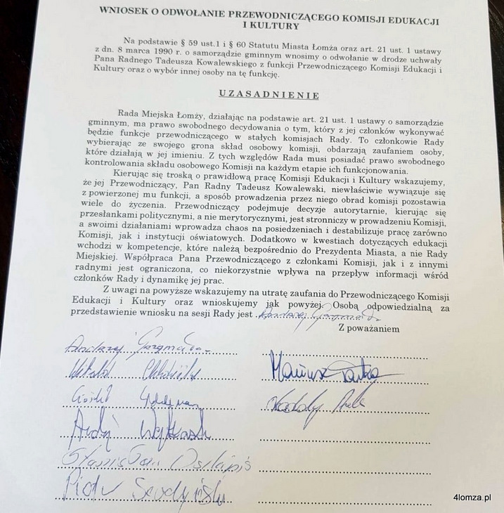 Wniosek o odwołanie dr Tadeusza Kowalewskiego z funkcji przewodniczącego Komisji Edukacji i Kultury Rady Miejskiej