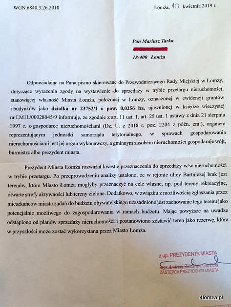 Pismo z 10 kwietnia 2019 r. - odpowiedź wiceprezydenta Andrzeja Garlickiego domawiająca sprzedaży działki