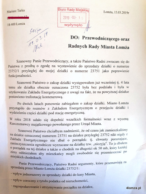 Pismo z 15 marca 2019 r. - prośba radnego Mariusza Tarki o zgodę na sprzedaż mu działki