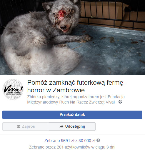 Fundacja Viva prowadził zbiórkę pieniędzy na zamknięcie futrzarskiej fermy w Zambrowie (https://pl-pl.facebook.com/donate/558629701551483/)