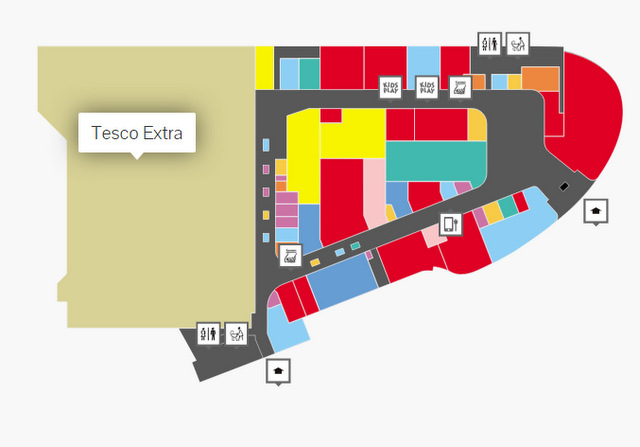 Mapa najemców w Galerii Veneda. Hipermarket Tesco zajmuje ok. 1/3 jej wielkości.