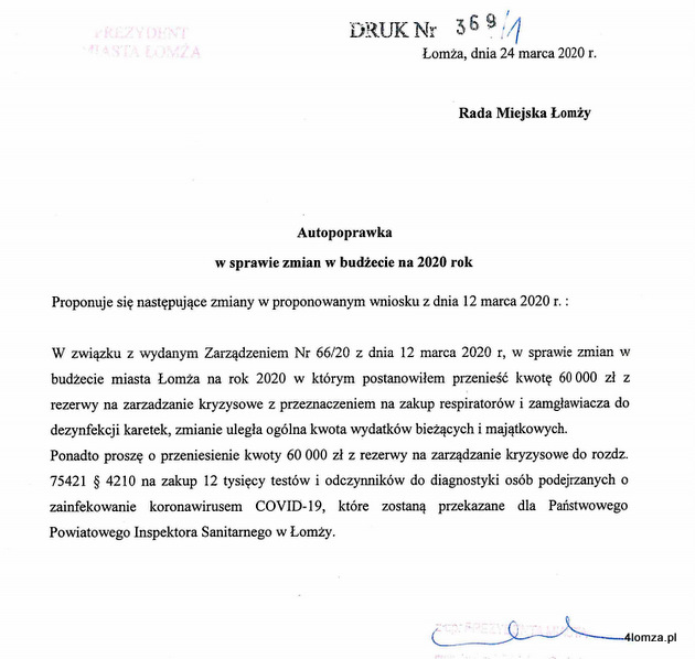 Wniosek prezydenta do Rady Miejskiej Łomży o przesunięcie 60 tys. zł na zakup 12 tysięcy testów i odczynników do diagnostyki osób podejrzanych o zainfekowanie koronawirisem COVID-19, które zostaną przekazane dla Państwowego Powiatowego Inspektora Sanitarnego w Łomży.