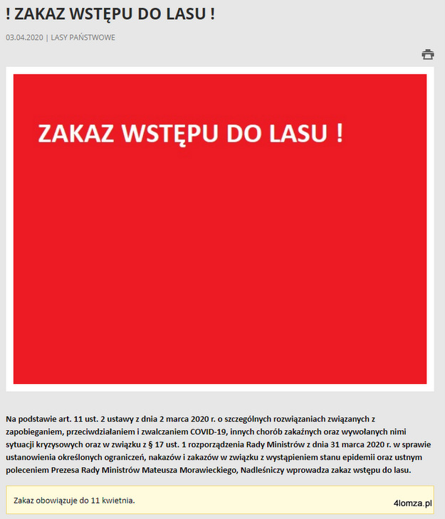 Komunikat opublikowany w piątek 3 kwietnia 2020 r. na stronie internetowej Nadleśnictwa Łomża