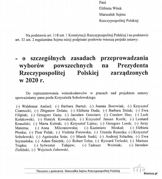 Posłowie, którzy formalnie wnosili pod obrady Sejmu RP projekt ustawy o głosowaniu korespondencyjnym w majowych wyborach prezydenckich.