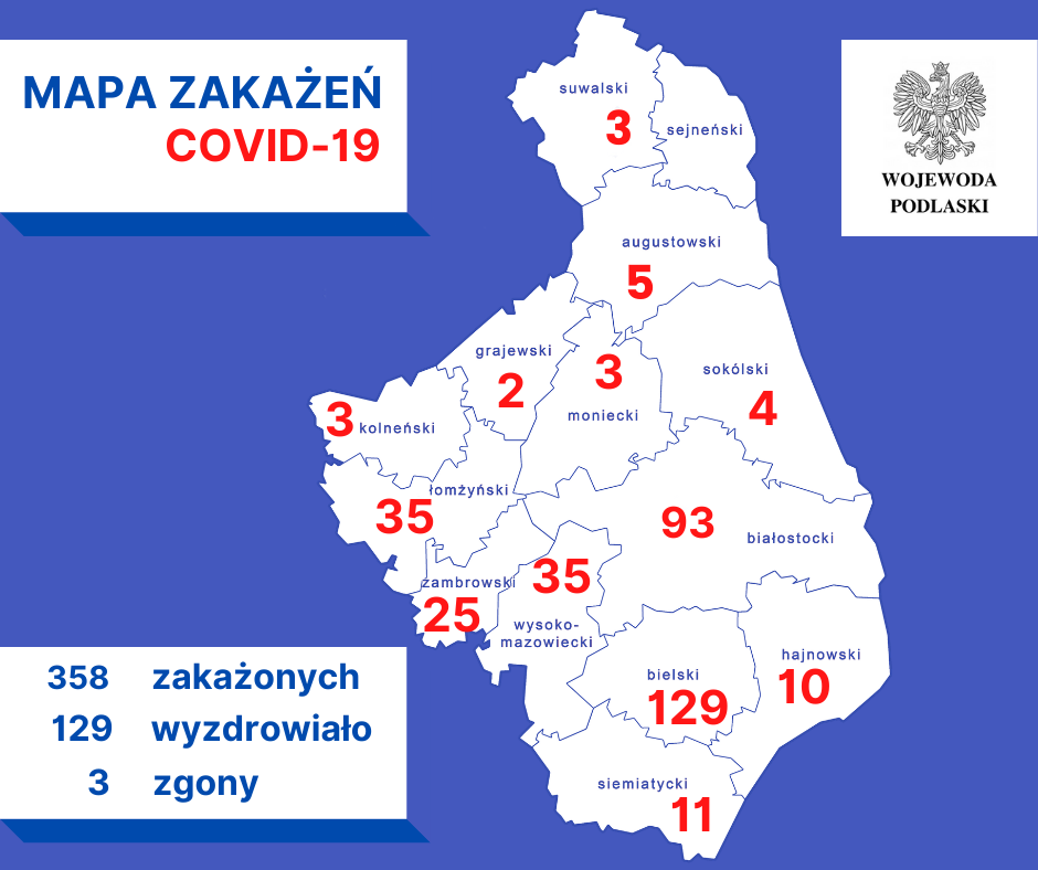 Mapa zakażeń koronawirusem w województwie podlaskim. Powiat łomżyński to dane z powiatu ziemskiego (17 zachorowań) i miasta Łomża (18). Podobnie w powiecie białostockim (27) i mieście Białystok (66 przypadków)