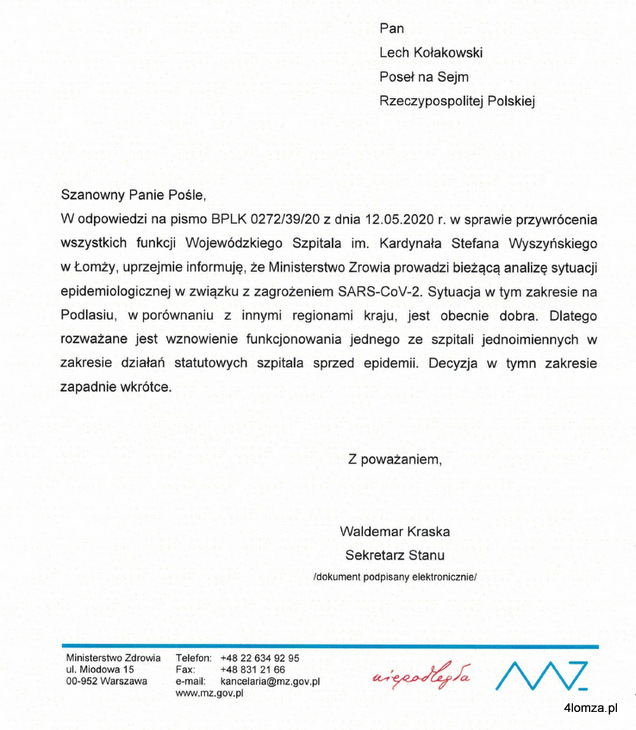 Odpowiedź wiceministra Waldemara Kraski na wniosek posła Lecha Kołakowskiego  o likwidację jednoimiennego szpitala w Łomży